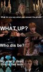 how do you answer the phone?ron: What's up, hermiany you:who dis be, Harry:no,she's dead, this is her son.