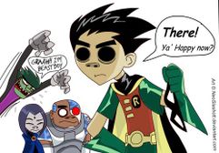 Robin: 2d, Beast Boy: Malcom, Cyborg: Russel and RAven is Noodle