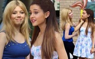 Nickelodeon costars Ariana Grande and Jennette McCurdy lark around on set of TV commercial | Mail Online