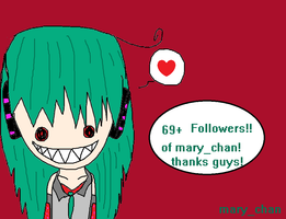 Mary_chans 69+ followers! Thanks you guys sooo much!!!! this is so freaking awesome to have all you guys follow me.. I mean you guys are all really nice and support me as well as talk to me of course I mean you don't know how many chats I get in an hour! a bunch!  and I really enjoy talking to you guys and thanks to those of you who made me some drawing!! they were so awesome! and as well as people requesting to be in my drawings.. I love making drawings so that is really touching to me that people like my drawings! and want to be in them! COMPUTER HUG! :3