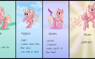 What is everyones opnions on Alicorn OC's? Anyway, i've seen a LOT of alicorn OC's here. If you don't know what an OC means, it's an Orginal Character. An Alicorn is a pegasus unicorn mix from My Little Pony: Friendship is Magic. Personally, I dislike Alicorn OC's. The reason why is because you can't just have a random alicorn OC with no back story..How did it become in alicorn? So far in MLP, Twilight became an alicorn because she mastered a spell not even Starswirl the bearded(correct me if i'm wrong for his name) couldn't do. In the show, Princess Cadence wasn't even an alicorn to begin with. She was a pegasus. She became an alicorn because she harnessed the power of love, thus being granted a horn. ((Theres a book on how she became one.))  Anyway, what do you guys think of Alicorn OC's? I'd love to know everyones opnion!