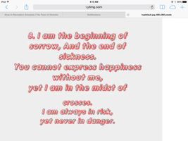 Here's another riddle for you! The riddle is:I am the beginning of sorrow, And the end of sickness you can not express happiness without me, yet i am the midst of crosses I am always in risk yet never in danger. What am I?