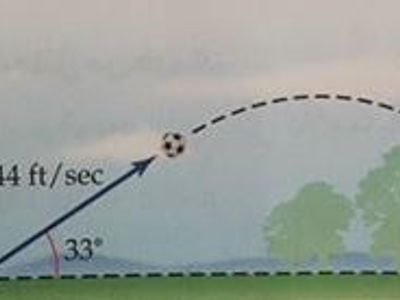 44ft/s يركل لاعب كرة قدم من سطح الارض بسرعة مقدار   33°وبزاوية قياسها  مع سطح الارض كما في الشكل  اوجد مقدار المركبة الافقية