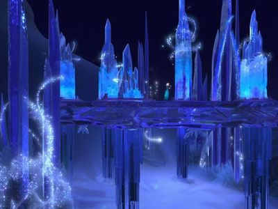 During "Let It Go", when Queen Elsa was building her ice castle, and spun around to create her ceiling and chandelier, what color was the icy floor? Medium.