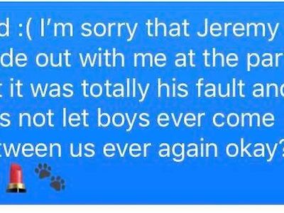 "I'msorrythatjeremymadeoutwithmeatthepartybutitwastotallyhisfaultandlet'snotletboysevercomebetweenusagainokay? ???"