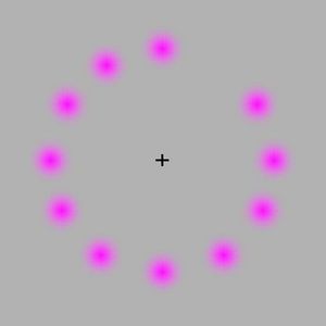 Stare a the cross of the picture, what happens to the pink dots?