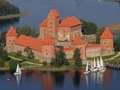 When was the construction of the Trakai Island Castle began?