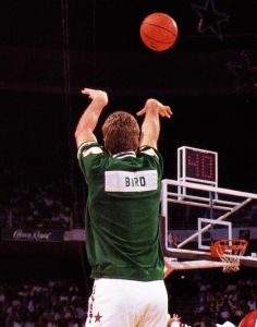 In which cities did Larry Bird win his three 3-point contests?