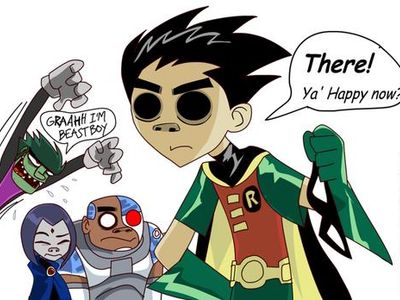 Robin: 2d, Beast Boy: Malcom, Cyborg: Russel and RAven is Noodle