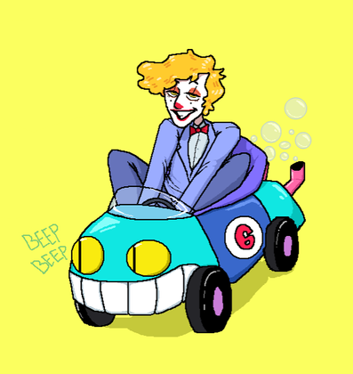 pen in a snazzy fit with his bubble car