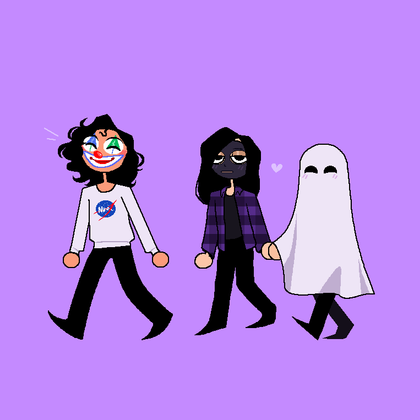 a clown boy, his masked father, and his ghost mother