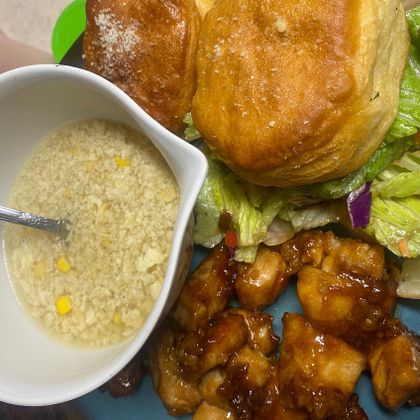 Egg drop soup and honey garlic soy chicken