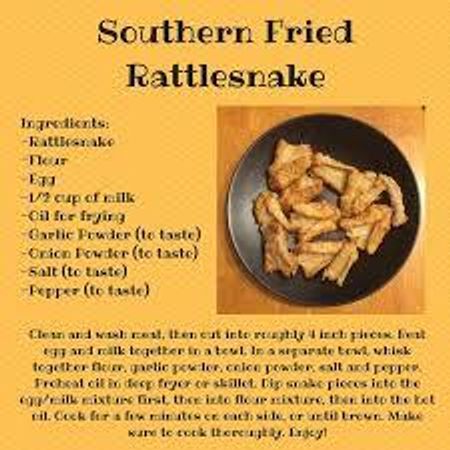 Would you eat a southern fried rattlesnake?  Apparently the taste is chewy and difficult to eat.