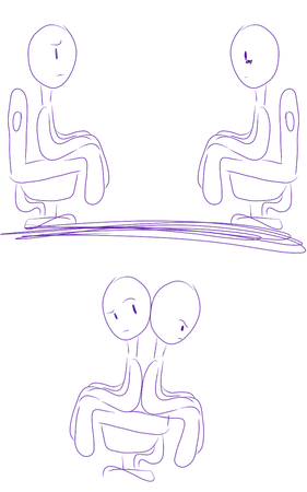 if bathrooms were designed for two people per stall, would you rather have it so that the toilets, thus users, face eachother like in the picture above? or face opposite directions however the user's must touch backs. (drawn below)