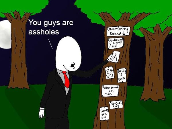 Me:*sits down in the floor* Join us. Offenderman: *smiles* join us dear... Slenderman: No, she's a guest, not a victim.