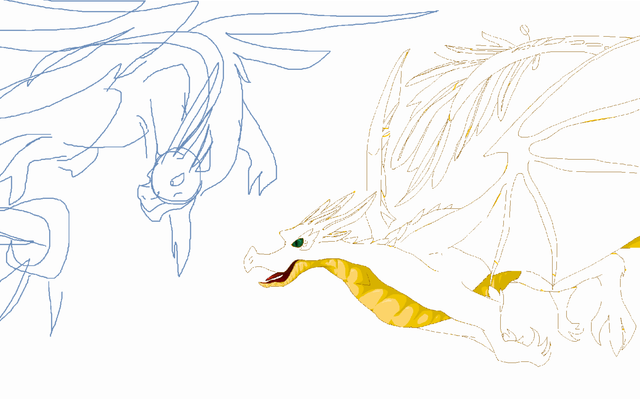 working on a drawing on ms paint, what colour should the dragon on the right be? (left is blue)