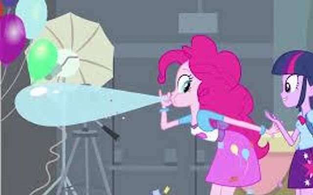 Did anyone else notice how in "Equestria Girls" Pinkie takes a drawing off her dress and it somehow becomes a real balloon? Look at the picture! The "cutie mark" on her dress is missing a blue balloon and TA-DA! Look what color balloon she's blowing! If you watch that clip from Equestria Girls you can actually see her taking the balloon off!  THAT IS SO PINKIE! :D