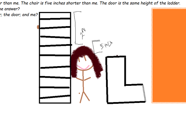 Think . . . The ladder is two feet taller than me. The chair is five inches shorter than me. The door is the same height of the ladder. The hint is 1, now what is the answer? How tall is the ladder; chair; the door; and me?