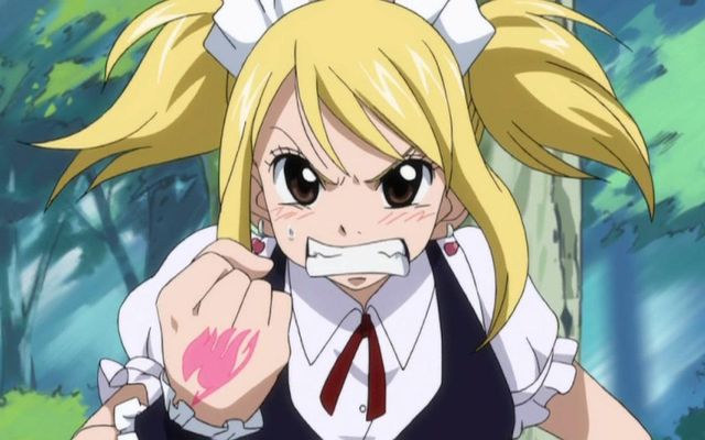 Least favourite Fairy Tail character? Lucy Heartfilia. I won't go through all the reasons , but I will tell you a few.  Why does she have to be so weak? The only thing powerful of her are her celestial spirits. She's even scared of Aquarius ! - a celestial spirit that she OWNS. Lucy always needs help from people. When she's on her own , she can easily run into trouble. In the Grand Magic Games , she didn't win a single battle! I have other reasons but SOME might piss off some of the fans >_<