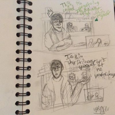 Is this an okay drawing? Just wondering is all. It took me awhile to find something to draw...Um, Right! Anyway just rate it please. Um, right, their dialogue is below this. Panel 1  Princey/Roman/Creativity: This is called yogurt-ing, I've actually tried this myself. Panel 2  Anxiety/Virgil: Is this why Princey spit yogurt at me, yesterday?