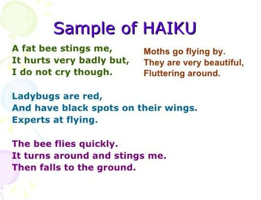 How many possible haiku combinations are there in English? The haiku poem is a description of something told in 17 syllables and three lines. The lines have 5 (top) 7 (middle) and 5 (last) syllables, which makes 17. So you can only use real words in English, you cannot split words over two lines. How many unique haikus are possible? (Or take a guess because it may take years to figure this out)