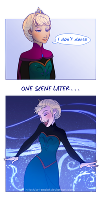 Has you or somebody Elsa (see what I did there?) noticed this? In Frozen, Elsa says "I don't dance" then when she is singing Let it Go she is dancing?