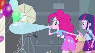 Did anyone else notice how in "Equestria Girls" Pinkie takes a drawing off her dress and it somehow becomes a real balloon? Look at the picture! The "cutie mark" on her dress is missing a blue balloon and TA-DA! Look what color balloon she's blowing! If you watch that clip from Equestria Girls you can actually see her taking the balloon off!  THAT IS SO PINKIE! :D