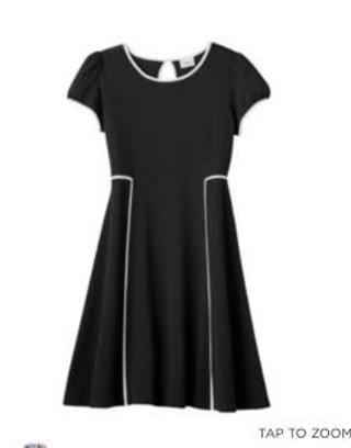 What to wear with this black dress? Since it's still cold, I want to wear maybe a shirt under it or a jacket.  I have gray leggings, black leggings, black boots.  What color shirt should I wear under it or what jacket?  Picture of the dress- http://mobile.kohls.com/product/prd-2057674/disney-d-signed-pique-fit-flare-dress-girls-7-16.jsp