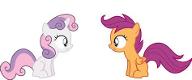 Two girls, one love I have a crush on two foals, Scootaloo and Sweetie Belle. Scootaloo is kinda mean when I joke around and Sweetie Belle is nice when you don't get on her bad side. Scootaloo is defence while sweetie belle is offence.