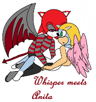 Should Whisper and Anita be together? Okay, lemme get this straight. Anita is half hedgehog, half angel. Whisper is also half hedgehog, but he's half demon as well. A few of my friends on Qfeast are saying they look cute together, but is this possible? Do you ship Whisper X Anita?