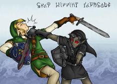 I can read Hylian. It says "Stop hitting yourself "