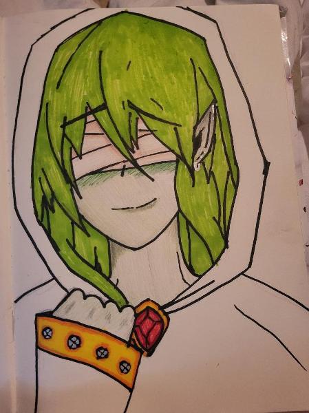 This is aero, my random oc. Their cloak is supposed to be black but my pencil crayon went X_X so-