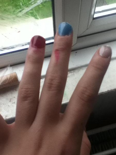 A very dodgy picture of my hand and it's colourful nail polish!